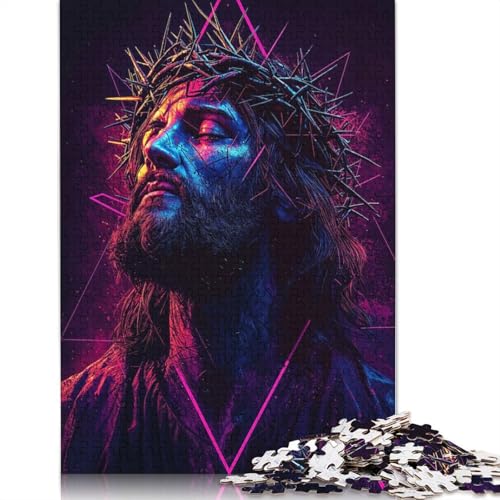 Jesus Christus Neon Art Puzzle, Premium-Puzzle aus 100% recyceltem Kartonpapier, rechteckig, für Damen und Herren, einzigartiges Geschenk, 1000 Teile (75 x 50 cm) von QASEYIPV