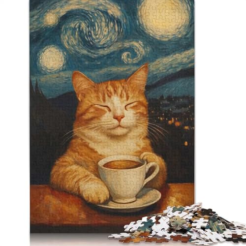 Katze in der Sternennacht, Puzzle für Erwachsene, 1000 Teile, Papierpuzzles für Jugendliche ab 12 Jahren, 1000 Teile (75 x 50 cm) von QASEYIPV