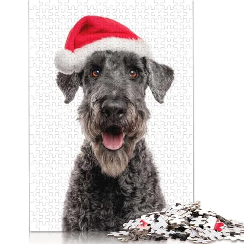 Kerry Blue Terrier Hund mit Weihnachtsmütze auf weißem Puzzle, anspruchsvolles Papppuzzle für Erwachsene und Kinder, 1000 Teile (75 x 50 cm) von QASEYIPV