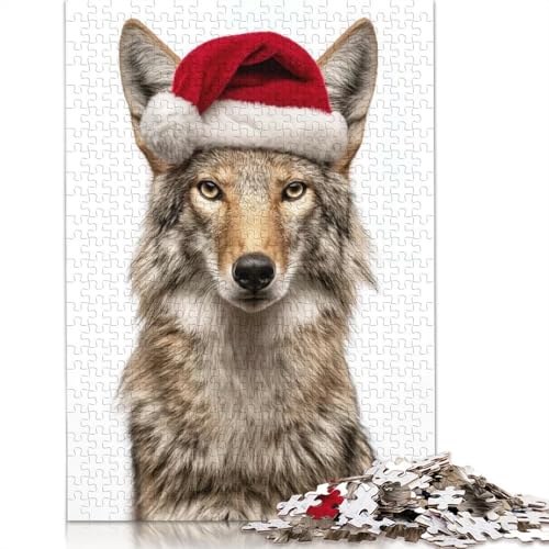 Kojote mit Weihnachtsmannmütze, herausforderndes und kniffliges Puzzle aus 100% recyceltem Karton für Erwachsene und Kinder, 1000 Teile (75 x 50 cm) von QASEYIPV