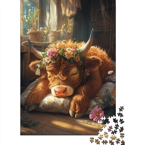 Kreative Rechteck Puzzle für Erwachsene, 1000 Teile, Highland-Kuh aus Holz, praktisches Spiel, Familiendekoration, 1000 Teile (75 x 50 cm) von QASEYIPV
