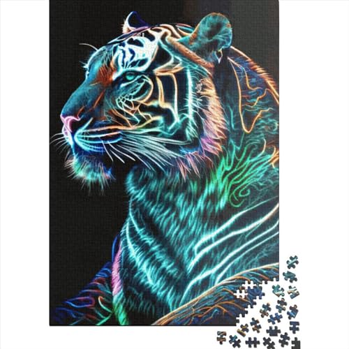 Kreatives, quadratisches Puzzle, Tiger-Neon, 1000 Teile, für Erwachsene, Holzpuzzle, herausforderndes Spiel, 1000 Teile (38 x 26 cm) von QASEYIPV