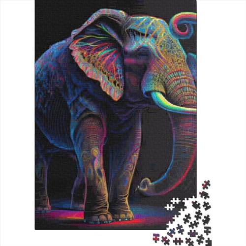Kreatives quadratisches Holzpuzzle, 1000 Teile, Neonelefant für Erwachsene, Lernspiel, Herausforderung, Spielzeug, 1000 Teile (38 x 26 cm) von QASEYIPV