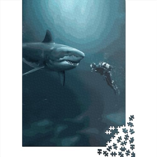 Kreatives quadratisches Puzzle, 1000 Teile, Hai und Taucher für Erwachsene, Holzpuzzle, herausforderndes Spiel, 1000 Teile (38 x 26 cm) von QASEYIPV