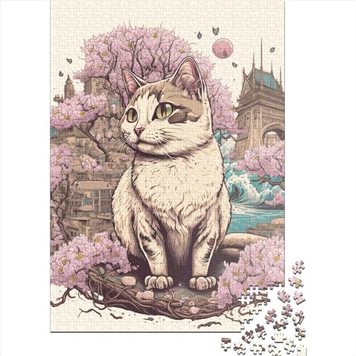 Kreatives quadratisches Puzzle, 1000 Teile, Katze in Kirschblüte, für Erwachsene, Holzpuzzle, herausforderndes Spiel, 1000 Teile (75 x 50 cm) von QASEYIPV