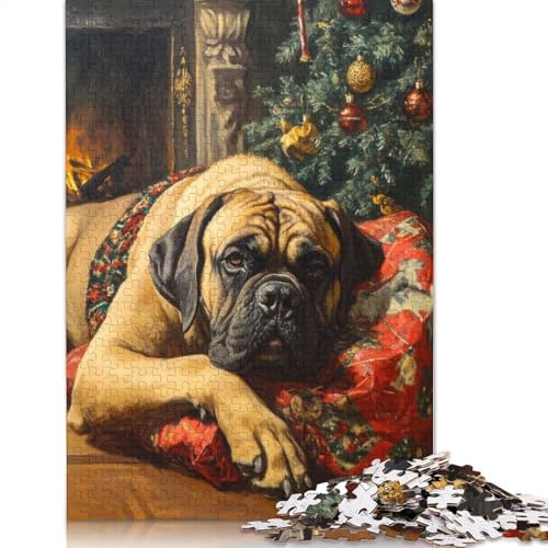 Mastiff-Hund am Kamin mit Weihnachtsbaum-Puzzle, Familienspaß, 100% recycelter Karton, Puzzle für Erwachsene, 1000 Teile (75 x 50 cm) von QASEYIPV