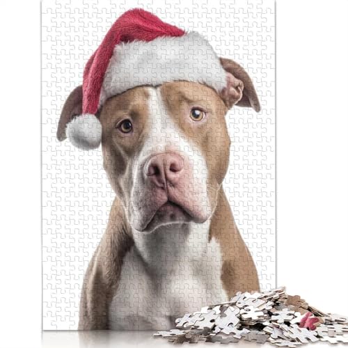 Pitbull-Hund mit Weihnachtsmannmütze, Porträt-Puzzle, Premium-Puzzle aus 100% recyceltem Karton, 100% recycelter Pappe, Puzzle für Erwachsene, 1000 Teile (75 x 50 cm) von QASEYIPV