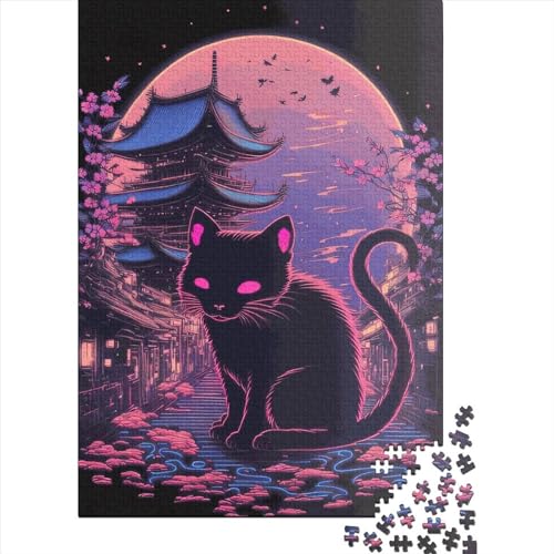 Quadratisches Puzzle 1000 Teile Cat Moon Night für Erwachsene und Holzpuzzle Lernspiel 1000 Teile (75x50cm) von QASEYIPV