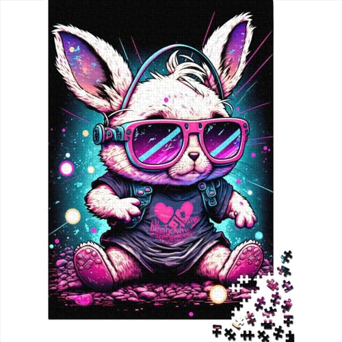 Quadratisches Puzzle mit 1000 Teilen "Neonkaninchen1" für Erwachsene und Holzpuzzle für Weihnachtsgeschenke, 1000 Teile (75 x 50 cm) von QASEYIPV