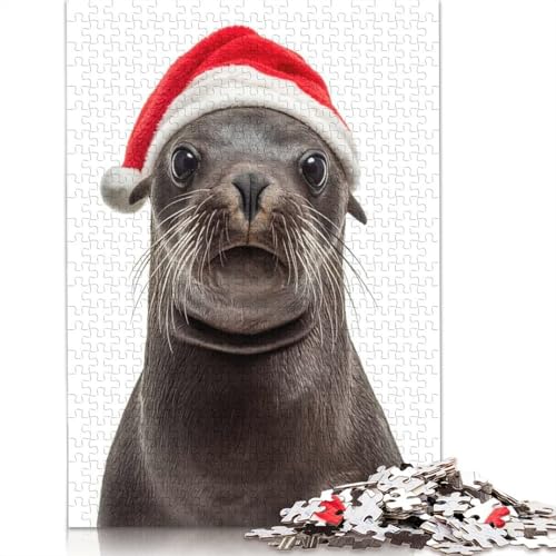 Robbe mit Weihnachtsmütze, Puzzle, rechteckig, Pappe, 100% recycelter Karton, Puzzle für Erwachsene und Kinder, 1000 Teile (75 x 50 cm) von QASEYIPV