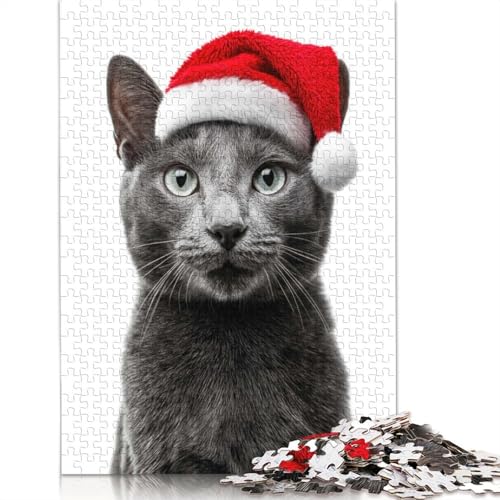 Russisch Blau Katze mit Weihnachtsmütze Puzzle Kreative Spiele 100 Prozent Recyclingkarton Puzzle für Erwachsene 1000 Teile (75 x 50 cm) von QASEYIPV