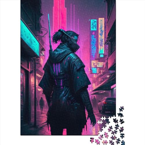 Samurai Neon Kreative Quadrate Puzzle 1000 Teile für Erwachsene und Holzpuzzle, Stressabbau-Puzzles und einzigartige Weihnachtsgeschenke 1000 Teile (75x50cm) von QASEYIPV