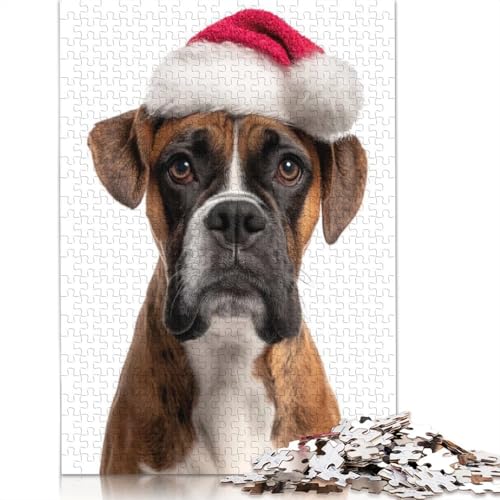 Weihnachts-Boxerhund mit Weihnachtsmannmütze, Puzzle, schwierige Herausforderung, 100% recycelter Karton, Puzzle für Frauen und Männer, Geschenke, 1000 Teile (75 x 50 cm) von QASEYIPV