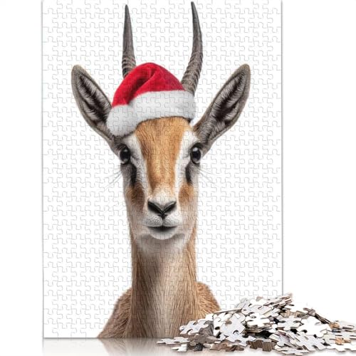 Weihnachts-Gazelle mit Weihnachtsmannmütze, Puzzle, Premium, 100% recycelte Pappe, 100% recycelter Karton, Puzzle für Erwachsene, 1000 Teile (75 x 50 cm) von QASEYIPV