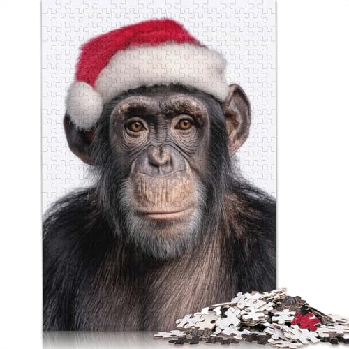 Weihnachts-Schimpanse mit Weihnachtsmannmütze, Puzzle, 100% recyceltes Kartonpapier, rechteckiges Puzzle für Erwachsene und Kinder, 1000 Teile (75 x 50 cm) von QASEYIPV