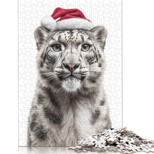 Weihnachts-Schneeleopard mit Weihnachtsmannmütze, Puzzle, Premium-Puzzle aus 100% recyceltem Kartonpapier, rechteckig, für Damen und Herren, einzigartiges Geschenk, 1000 Teile (75 x 50 cm) von QASEYIPV