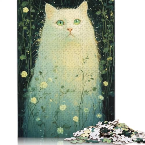 Weiße Katze mit Blumen, 1000-teiliges Puzzle, Familienspaß für Erwachsene und herausforderndes Spiel, Spiele zum Stressabbau und einzigartige Geschenke, 1000 Teile (75 x 50 cm) von QASEYIPV