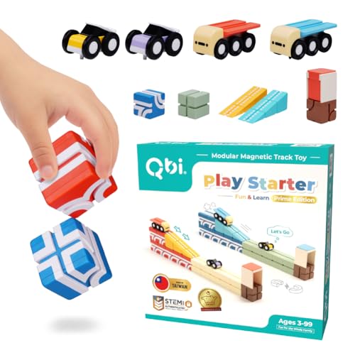 QBI Magnetische Blockschienen-Spiel-Starter-Set, 4-in-1 STEM-Bausteine mit 4 Autos und 3D-Tracks, pädagogisches sensorisches Magnetspielzeug, Vorschul-Montessori-Spielzeug für Kinder im Alter von 3, 4 von QBI