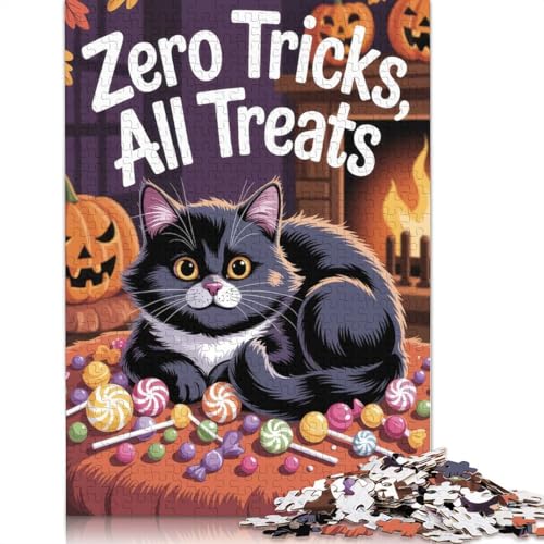 1000-teiliges „Zero Tricks, All Treats“-Halloween-Katzen-Puzzle für Erwachsene Teenager, 1000 Teile (38 x 26 cm) von QBIREX
