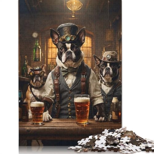 1000-teiliges Boston Terrier Beer Dogs-Puzzle für Erwachsene und Teenager, Lernspiele für Zuhause, DIY-Spielzeug, 1000 Stück (38 x 26 cm) von QBIREX