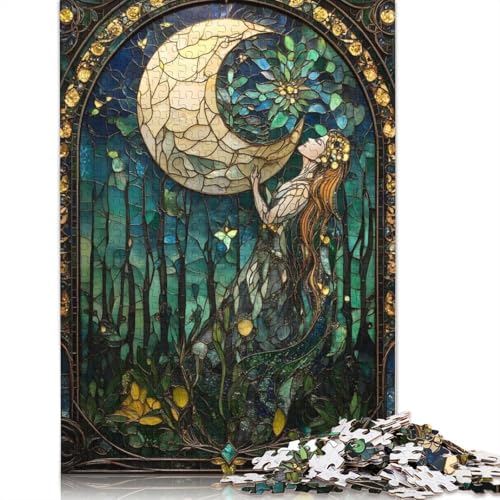 1000-teiliges Buntglas-Mond- und Frauen-Puzzle für Erwachsene, Papierpuzzles, Puzzles für Erwachsene, Lernspiel, Herausforderungsspielzeug (38 x 26 cm) von QBIREX