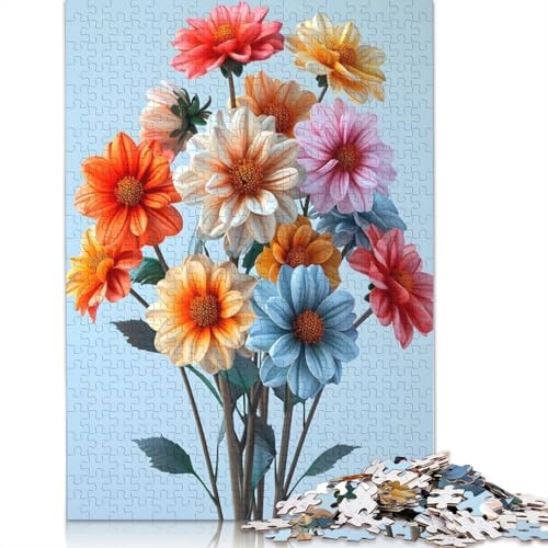 1000-teiliges Dahlien-Mehrfarben-Poster-Puzzle für Erwachsene und Teenager, Holzpuzzles für Erwachsene, Lernspiel, Herausforderungsspielzeug, 1000 Stück (75 x 50 cm) von QBIREX