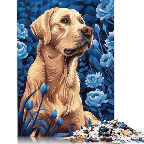 1000-teiliges Papierpuzzle „Labrador Retriever in blauen Blumen“ für Erwachsene, Puzzles für Erwachsene, Lernspiel, Herausforderungsspielzeug (75 x 50 cm) von QBIREX