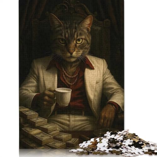 1000-teiliges Puzzle „Cat Boss mit Geld und Zigarre“ für Erwachsene, Puzzle, Puzzle für Erwachsene, Heimdekoration, Puzzle-Spielzeug, 1000 Teile (38 x 26 cm) von QBIREX