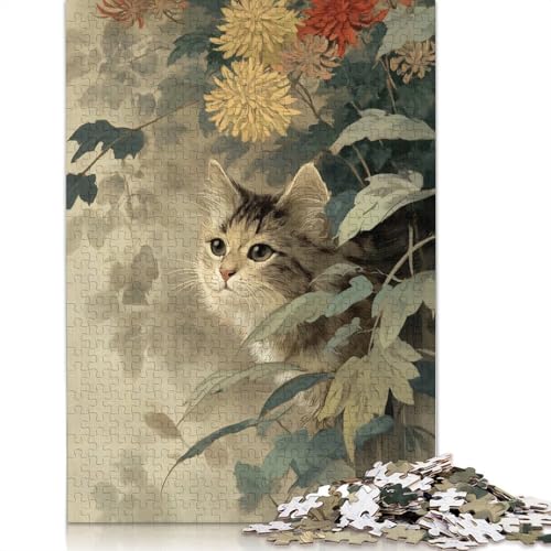 1000-teiliges Puzzle „Katze unter Chrysanthemen“, Vintage-Kunst, für Erwachsene, Papierpuzzle für Erwachsene und Jugendliche, Lernpuzzle (38 x 26 cm) von QBIREX