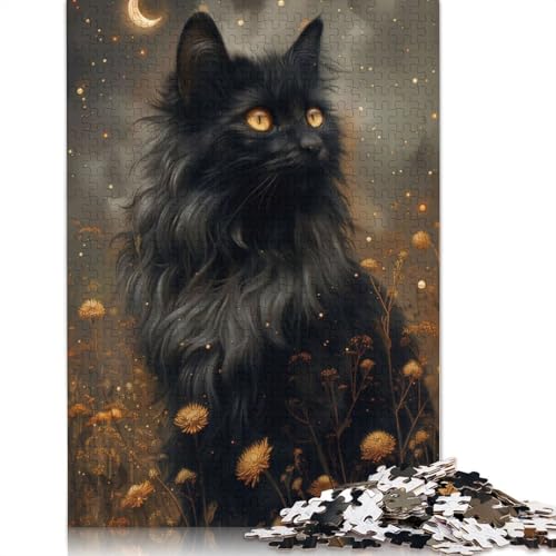 1000-teiliges Puzzle „Mystische Schwarze Katze und Mond“ für Erwachsene, Holzpuzzles für Erwachsene ab 12 Jahren, 1000 Teile (75 x 50 cm) von QBIREX