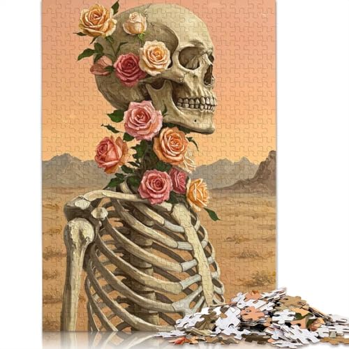 1000-teiliges Puzzle „Skelett mit Rosen“ für Erwachsene und Teenager, Papierpuzzle, 1000 Teile (75 x 50 cm) von QBIREX
