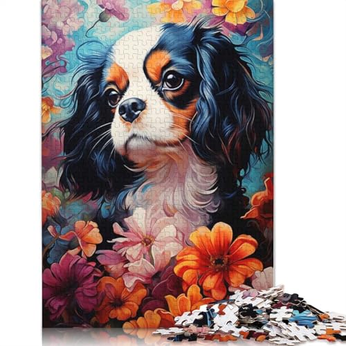 1000-teiliges Puzzle für Erwachsene, Cavalier King Charles Spaniel in Blumen, Papierpuzzle für Erwachsene, Lernspiel, Herausforderungsspielzeug, 1000 Stück (38 x 26 cm) von QBIREX