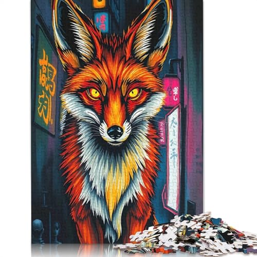 1000-teiliges Puzzle mit Fuchs in neonfarbener japanischer Stadtlandschaft für Erwachsene, Papierpuzzle für Erwachsene und Jugendliche, Lernpuzzle (75 x 50 cm) von QBIREX