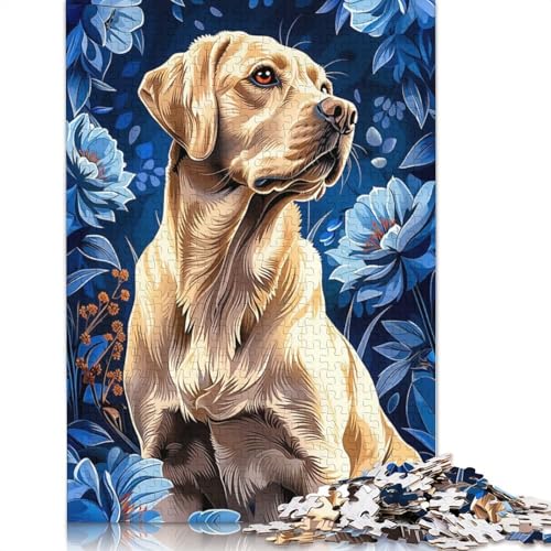 1000-teiliges Puzzle mit Labrador und blauem Blumenhintergrund für Erwachsene, Puzzle, Puzzle für Erwachsene für Familienspaß und Spieleabend (75 x 50 cm) von QBIREX