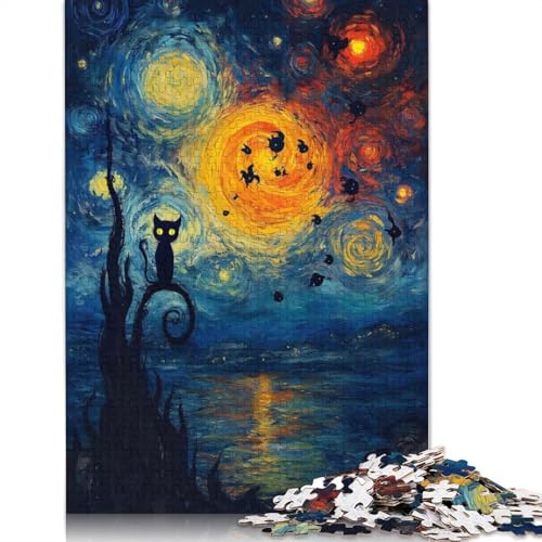 1000-teiliges Puzzle mit Sternennacht-Katzensilhouette für Erwachsene, Puzzle, Lernspiel, Herausforderungsspielzeug, 1000 Stück (75 x 50 cm) von QBIREX