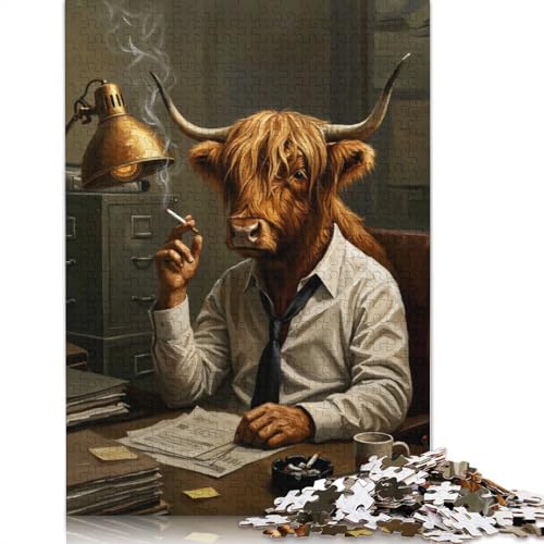 1000-teiliges Puzzle mit anthropomorpher Hochlandkuh, Geschäftsmann, Raucher, für Erwachsene, Puzzle, Puzzles für Erwachsene, einzigartige Heimdekoration (75 x 50 cm) von QBIREX