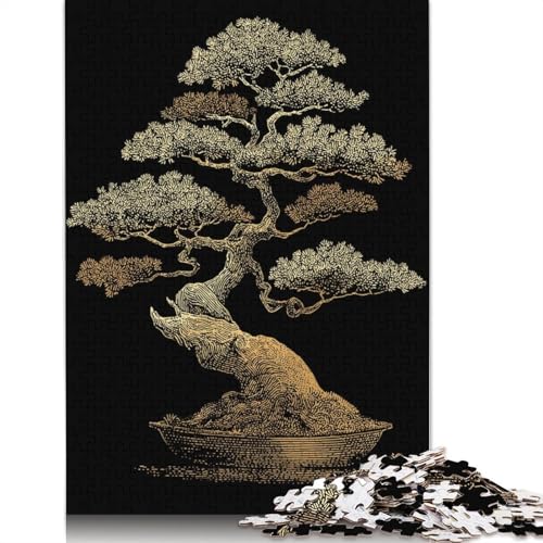 1000-teiliges Puzzle mit goldenem Bonsai-Baum auf schwarzem Hintergrund für Erwachsene und Teenager, Lernspiele für Zuhause, DIY-Spielzeug, 1000 Stück (38 x 26 cm) von QBIREX