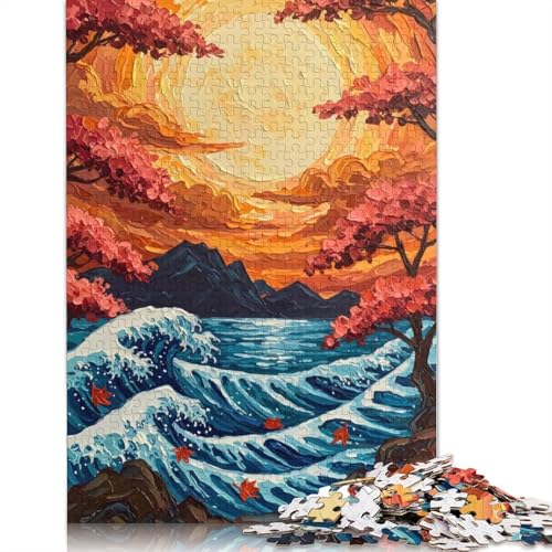 1000-teiliges Puzzle mit japanischem Wellen-Sonnenuntergang für Erwachsene Teenager, Papierpuzzle, nachhaltiges Puzzle für Erwachsene | Spiele 1000 Stück (75 x 50 cm) von QBIREX