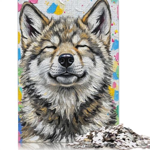1000-teiliges Puzzle mit lächelndem Wolfsporträt und Buntem Hintergrund für Erwachsene und Teenager, Lernspielzeug aus Papier, 1000 Teile (75 x 50 cm) von QBIREX