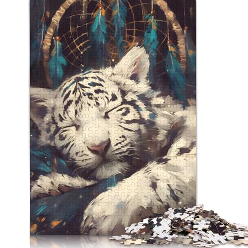 1000-teiliges Puzzle mit schlafendem weißen Tiger und Traumfänger, Puzzle für Erwachsene, ab 14 Jahren, 1000 Teile (75 x 50 cm) von QBIREX
