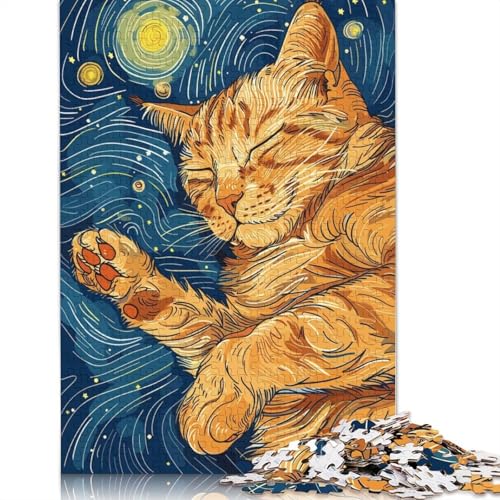 1000-teiliges Puzzle mit schlafender Katze und Sternennacht, Kunstpuzzle für Erwachsene und Teenager, Papierpuzzle, nachhaltiges Puzzle für Erwachsene | Spiele 1000 Teile (38 x 26 cm) von QBIREX