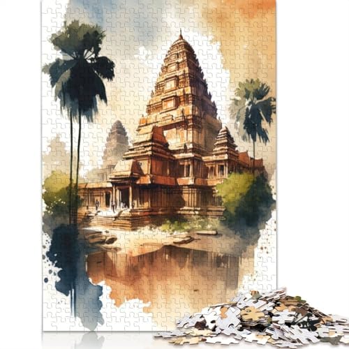 Angkor Wat Aquarell-Puzzle, 100% recycelter Karton, 100% recycelter Karton, Puzzle für Jungen oder Mädchen, 1000 Teile (75 x 50 cm) von QBIREX