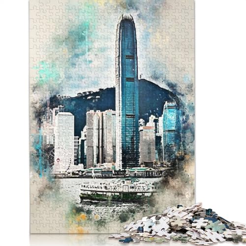 Aquarell-Puzzle „Hong Kong“ mit 1000 Teilen für Erwachsene | | Familienspaß-Puzzles für Erwachsene, Geschenke, Denkspiele (38 x 26 cm) von QBIREX