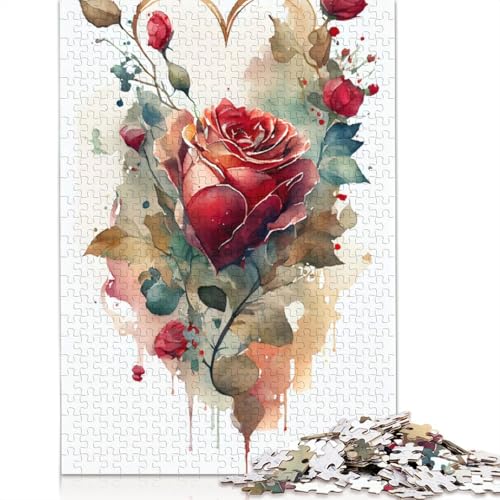 Aquarell-Rosenherz-Puzzle, rechteckig, Pappe, 100% recycelter Karton, Puzzle für Erwachsene und Kinder, 1000 Teile (26 x 38 cm) von QBIREX