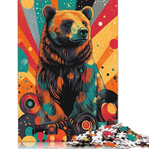 Bär mit Schallplatten, Retro-Puzzle mit psychedelischem Bären-Print, Premium-Puzzle aus 100% recyceltem Brett für Kinder und Erwachsene, 1000 Teile (75 x 50 cm) von QBIREX