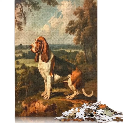 Basset Hound Vintage Ölpuzzle DIY-Spiel Premium-Karton-Puzzle für Frauen Männer Kindertagsgeschenke 1000 Teile (38 x 26 cm) von QBIREX