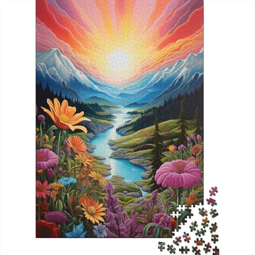 Berge und Wildblumen bei Sonnenuntergang8 Puzzle, Lernspiele, Familienaktivitäten, Premium-Puzzle aus Karton, 1000 Teile (38 x 26 cm) von QBIREX