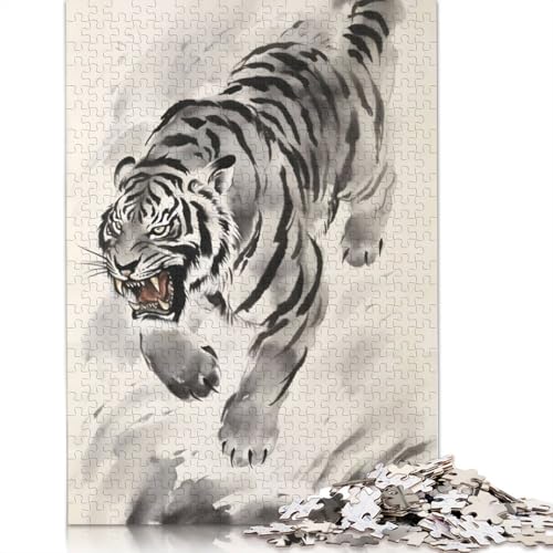 Brüllender Tiger, Tuschezeichnungspuzzle, Familienspaß, rechteckiges Papierpuzzle für Jungen oder Mädchen, Kindertagsgeschenke, 1000 Teile (26 x 38 cm) von QBIREX