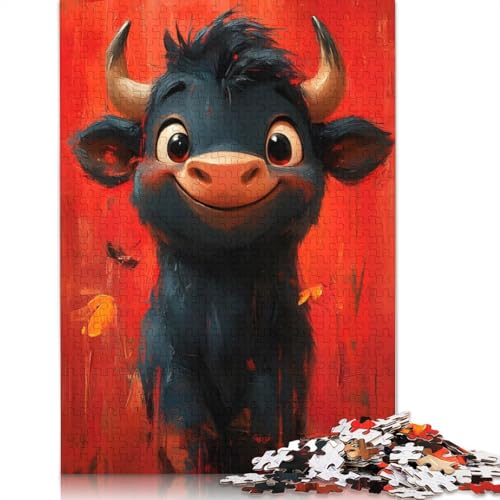 Bull-Cartoon-Ölfarben-Puzzle, kreative Spiele, 100 Prozent recycelter Karton, Puzzle für Erwachsene, 1000 Teile (26 x 38 cm) von QBIREX