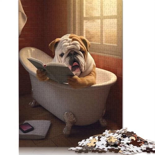 Bulldogge liest Buch in der Badewanne, 1000-teiliges Puzzle für Erwachsene und Teenager, Teenager, Mann, Frau, Geschenk, 1000 Teile (38 x 26 cm) von QBIREX